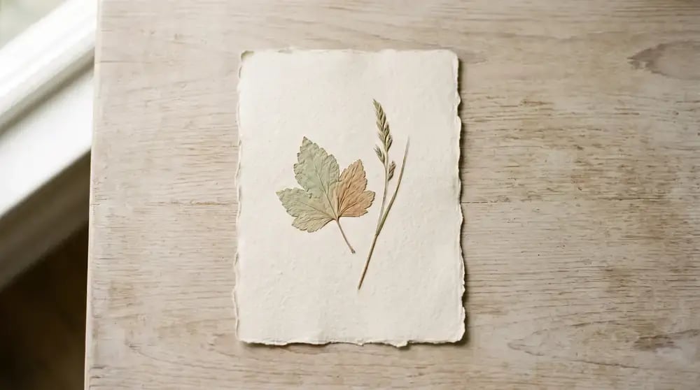 Ein gepresstes Blatt und ein getrockneter Grashalm liegen auf einem Bogen Büttenpapier