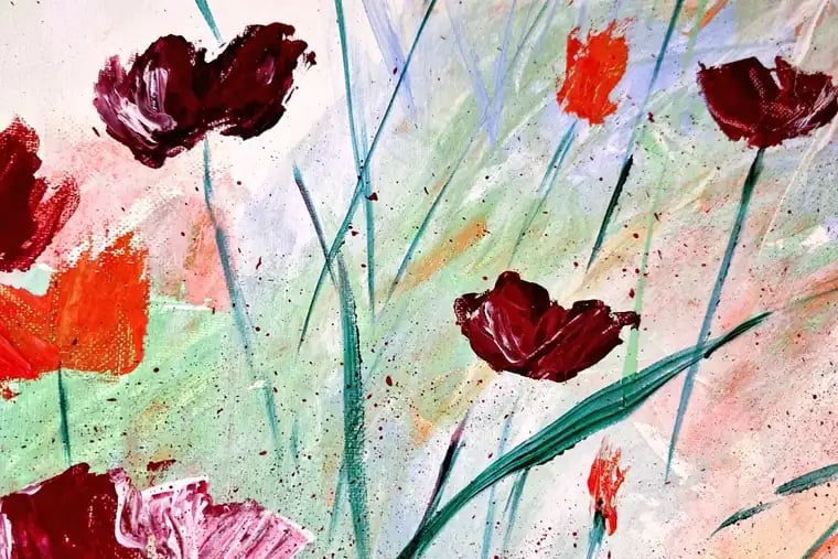 Detailaufnahme eines Acrylgemäldes von Pia Rump: pastose dunkelrote Mohnblüten und grüne Halme, die Pinselstruktur ist deutlich sichtbar